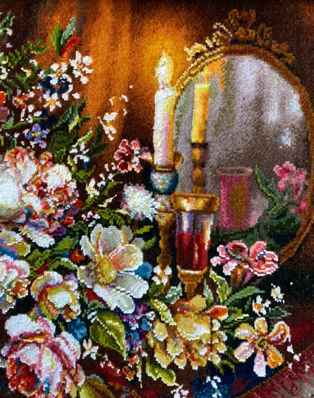 تابلوفرش گل عرضی و شمعدان چله نخ کد2254