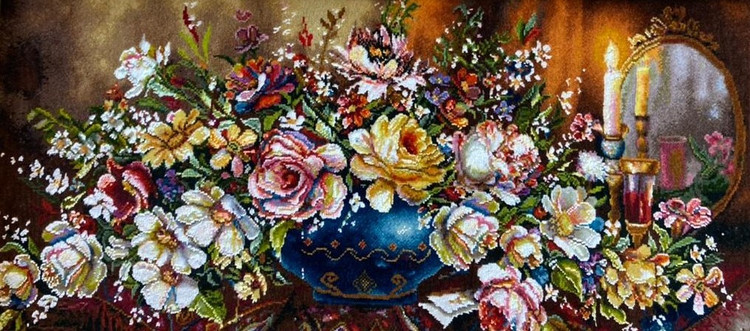 تابلوفرش گل عرضی و شمعدان چله نخ کد2254
